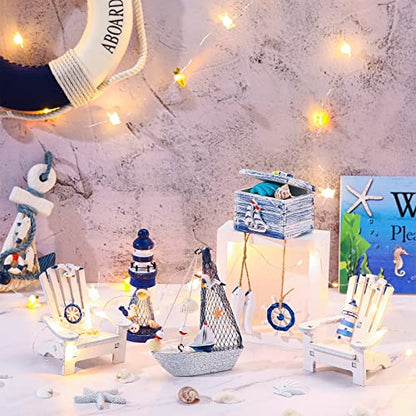 7 Pieces Wooden Box Wooden Lighthouse Mini Sailboat Anchor Fish Hanging Starfish Model Spring Summer Easter Tree Ornament Decoration Aquarium Decor Landscape Tank Ornament Office Mini Garden Landscape - style: Classic