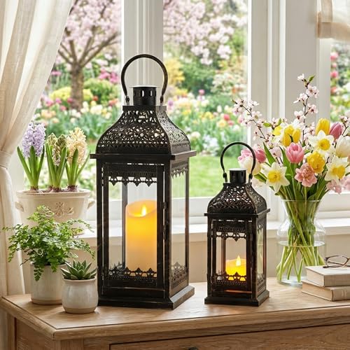 JHY DESIGN 13''&19.5''H Decorative Candle Lanterns Set of 2 Vintage Hanging Lantern Metal Candle Holder for Garden Living Room Indoor Outdoor Parties Weddings Balcony(Black with Gold Brush) - color: Black With Gold Brush