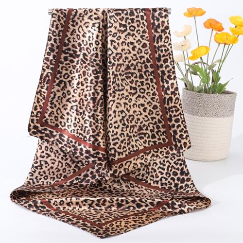 AWAYTR 35” Large Satin Square Head Scarf - 2Pcs Silk Like Floral Head Scarves Square Satin Hair Scarf Bandanas for Women - color: Leopard Print (Pink/Khaki)