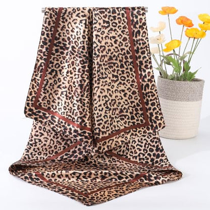 AWAYTR 35” Large Satin Square Head Scarf - 2Pcs Silk Like Floral Head Scarves Square Satin Hair Scarf Bandanas for Women - color: Leopard Print (Pink/Khaki)