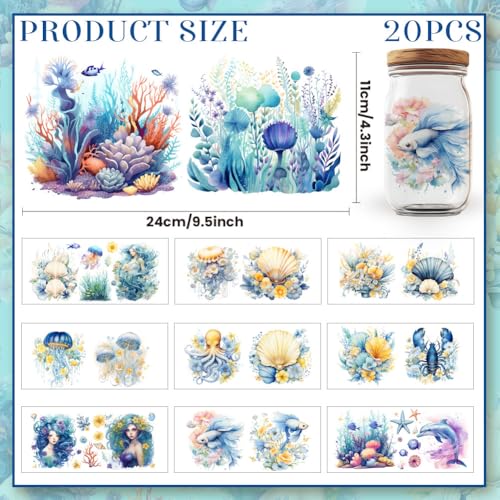 20 Pcs Sea of Flowers UV DTF Cup Wraps for 16OZ Glass, Ocean Theme UV DTF Transfer Stickers Waterproof Rub on Transfer Decals for Glass Bottle Vase Furniture Crafts - style: Sea of Flowers