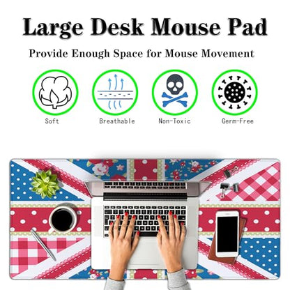 Union Jack Gaming XXL Mouse Pads British Flag Mouse Pad Shabby Chic Floral Style Mousepads Non-Slip Rubber Base Waterproof with Stitched Edges, 35.4" X 15.7" for Work/Game/Office/Home - color: British Flag