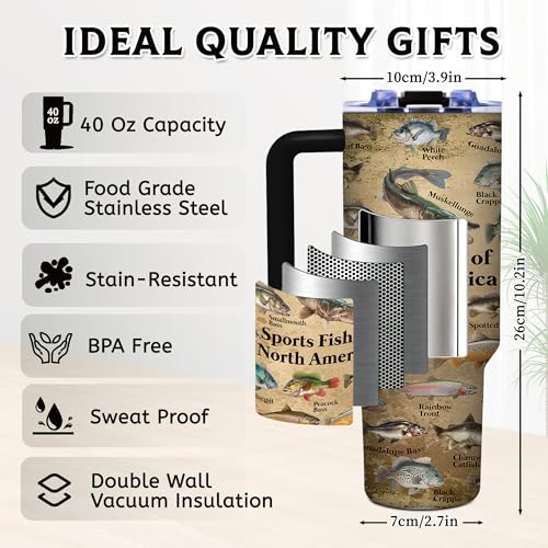 Fish Gifts for Dad, 40oz Tumbler with Handle and Straw, Fishing Gifts for Men, Birthday Gifts for Fisherman, Party Supplies, Fishing Coffee Mug, Stainless Steel Cup - color: Fish-BM