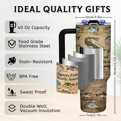 Fish Gifts for Dad, 40oz Tumbler with Handle and Straw, Fishing Gifts for Men, Birthday Gifts for Fisherman, Party Supplies, Fishing Coffee Mug, Stainless Steel Cup - color: Fish-BM