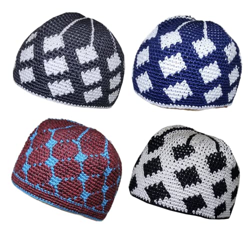 Pack 4 Colors Muslim Beanie Cap Amn-271 Islam Kufi Hat Prayer Knit Crochet Taqiyah Takke Skull Topi Ramadan Gift - color: Mixed Color 3
