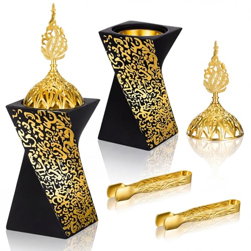 Zonon 2 Pcs Resin Incense Burners Bakhoor Burner with Tongs Charcoal Frankincense Censer Middle Eastern/Islamic Style Decorative for Yoga Spa Aromatherapy Meditation Office Home Decor (Black Gold)