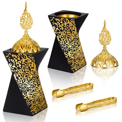 Zonon 2 Pcs Resin Incense Burners Bakhoor Burner with Tongs Charcoal Frankincense Censer Middle Eastern/Islamic Style Decorative for Yoga Spa Aromatherapy Meditation Office Home Decor (Black Gold)