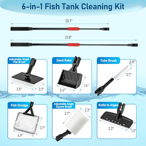 Mogoko 6 in 1 Aquarium Cleaning Tool Kit, Multi-Use Fish Tank Cleaning Kit with Telescopic Long Handle, Algae Scraper Scrubber Pad Scrub Brush Fish Net Gravel Rake