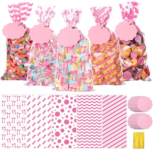woric 100 Set Pink Cellophane Bags 5 x 10.6 Inch Clear Plastic Treat Bags - color: Pink Bow