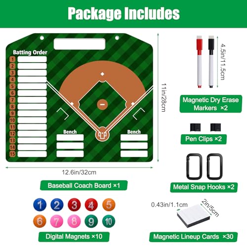 Magnetic Baseball Lineup Board, Anglecai Baseball Dry Erase Coaching Board | Baseball Coach Clipboard for Softball Dugout Board with 30 Lineup Card/ 10 Magnet/2 Marker/2 Hook - color: Green