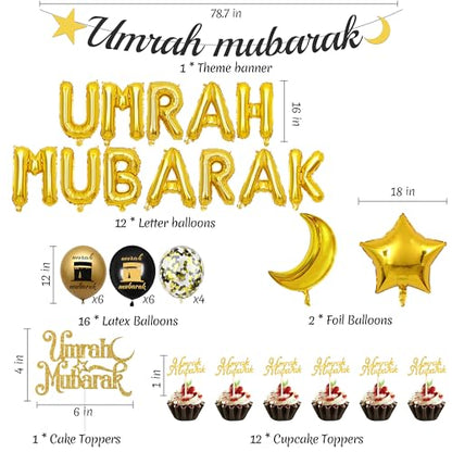 Umrah 무바라크 장식 라마단 이드 - 44피스 블랙 골드 하즈 라마단 장식 풍선 배너 케이크 토퍼 스타 문 파티 용품 가정용 Lslamic Muslim Al Fitr Eid Umrah 무바라크 파티 선물