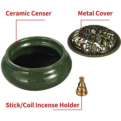 Miupoo Stick Incense Burner and Cone Incense Holder with Brass Incense Stick Holder Ceramic Ash Catcher (Dark Green) - color: Dark Green