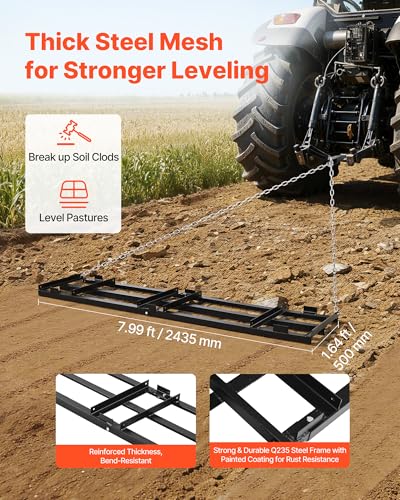 VEVOR Drag Harrow, 96 x 20 in, Tow-Behind Driveway Grader with Adjustable Width & 50lbs Load Capacity, Heavy Duty Lawn Leveling Rake, Galvanized Steel Gravel Driveway Drag, Fits ATVs UTVs Tractors - size: 8 FT- Black