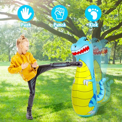 Punching Bag for Kids 47" Inflatable Dinosaur Bop Bag with Thicker Material Instant Bounce Back with Boxing Gloves Karate Kickboxing Taekwondo Kids Gift for Age 3-9 Girls & Boys - color: Blue