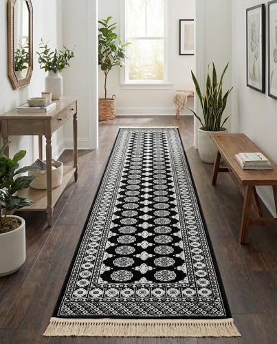 Rugs.com - Bokhara Rug – 12 Ft Runner Black and White Easy-Clean Runner Rug – Traditional Medallion Design for Hallways, Entryways, and Kitchens - color: Black and White, size: 2'7" x 12' (Runner)