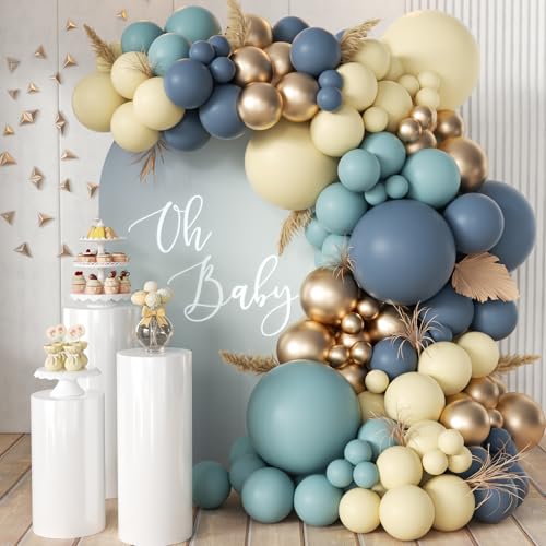 MEBAY Dusty Blue Balloon Garland Arch Kit, 166Pcs Retro Blue Pastel Baby Blue Macaroon Yellow Gold Metallic Balloons for Baby Shower Wedding Boy Birthday Decoration - color: Blue-maca Yellow-gold