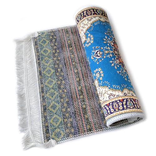 Foldable Muslim Small Prayer Mat for Head Portable Classic Pattern Islamic Small Prayer Rug Salah Carpet Mat with Tassel - color: Blue