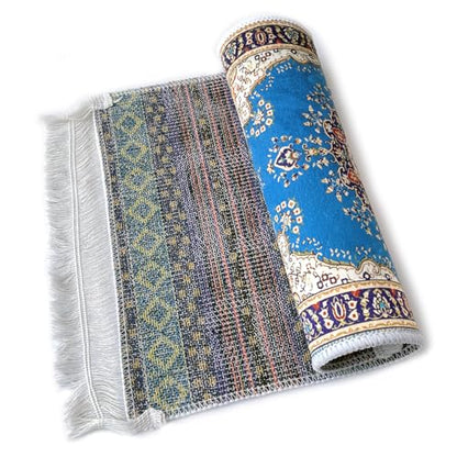 Foldable Muslim Small Prayer Mat for Head Portable Classic Pattern Islamic Small Prayer Rug Salah Carpet Mat with Tassel - color: Blue