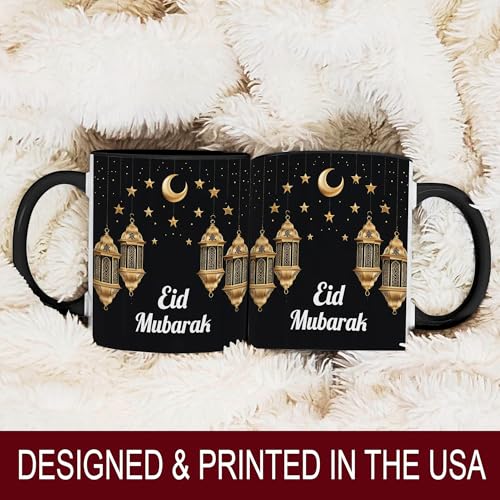 Eid Mubarak Mug, Islamic Coffee Mug, Crescent Moon and Lanterns Cup, Muslim Holiday Gift, Eid Celebration Drinkware, Elegant Gold Lantern Design, Ceramic Tea Cup for Home and Office