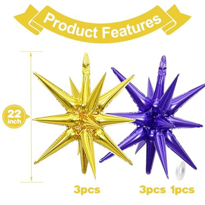 Purple Gold Star Balloons, 6PCS 22 Inch Foil Explosion Star Balloons - color: Purple Gold