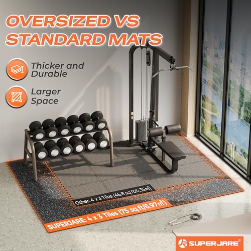 SUPERJARE 30" x 30" Larger Rubber Top Exercise Equipment Mats, 0.56" Thick 12PCS 75 Sq Ft High-Density EVA Foam Interlocking Gym Flooring, Big Workout Mat for Home Gym, Floor Protection, Black/Grey - size: 12 Tiles (75 Sq Ft)