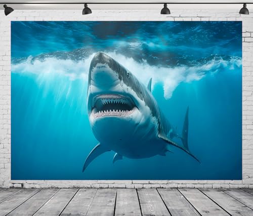 7x5 FT Shark Backdrop Shark Party Decorations Under The Sea Shark Underwater Aquarium Blue Sea Waves Great White Shark Background Shark Birthday Party Decorations Studio Props