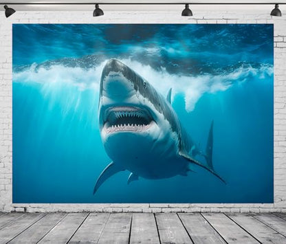 7x5 FT Shark Backdrop Shark Party Decorations Under The Sea Shark Underwater Aquarium Blue Sea Waves Great White Shark Background Shark Birthday Party Decorations Studio Props