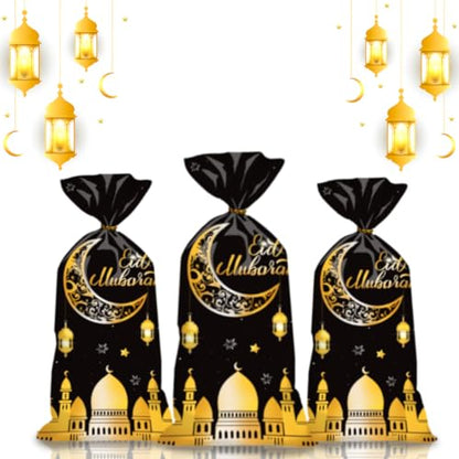 BURBOHUG 50 Pack Ramadan Goodie Bags Eid Mubarak Muslim Castle Moon Star Cellophane Bags for Party Favor Decoration (10.8'' X 4.9'')