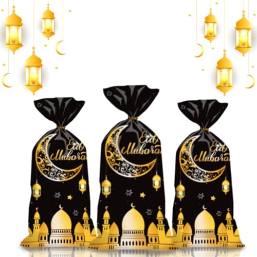 BURBOHUG 50 Pack Ramadan Goodie Bags Eid Mubarak Muslim Castle Moon Star Cellophane Bags for Party Favor Decoration (10.8'' X 4.9'')