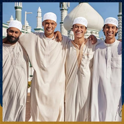 Eid Muslim 기도 Kufi 모자 남성용 기도 모자 모자 이슬람 비니 스컬 캡 자수 코피아 토피 6개 - style: 클래식