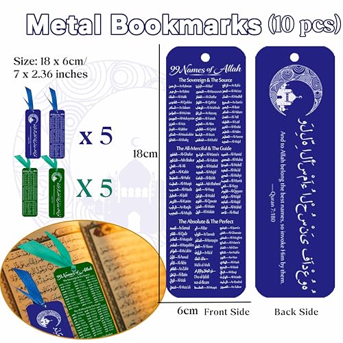 10 pcs Metal 99 Names of Allah Bookmark Arabic English Bilingual Islamic Bookmarks Ramadan Eid Gifts Bulk for Women Quran Learning Reflecting on The Names of Allah - style: Metal-10