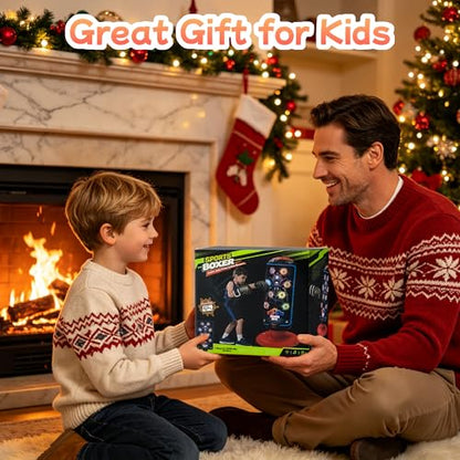 Electronic Boxing Bag Set, Interactive Punching Toy with Gloves, LED Lights, Music & 4 Game Modes, Auto Scoring Boxing Kit for Boys Girls Ages 3-12, Thick PVC Freestanding Punching Bag