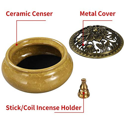 Miupoo Incense Burner and Cone Incense Holder with Brass Incense Stick Holder Ceramic Ash Catcher,Yellow - color: Yellow
