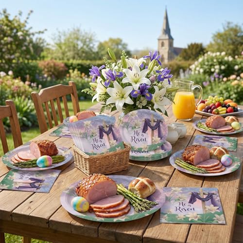 Dereinwo 50 Pcs Easter Large 12" x 10" Oval Paper Plates and Napkins Disposable Heavy Duty Paper Plates and Napkins for Easter Party Supplies - style: Easter