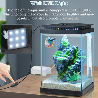 Small Glass Aquarium, 1 Gallon Desktop Fish Tank, Betta Fish Tank, Mini Aquarium Starter Kit with Air Pump LED Light Decoration Water Changer Fish Net (Black) - color: Black