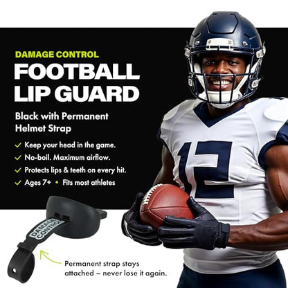 DAMAGE CONTROL Pacifier Football Mouth Guard – Permanent Strap – Black | Youth Football Mouthpiece, No Boiling, Breathable Design, Protects Lips & Teeth, Works with Braces - color: Black