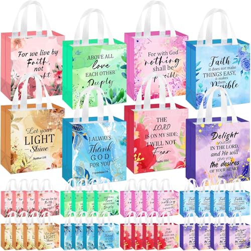 HunnmingRe Christian Gift Bags Bulk, Reusable Flower Religious Bible Verse Tote with Handles Non Woven Scripture Pastor Blessing Gift for Baptism Church Wedding Favors(32 Pcs,Flower) - style: Flower