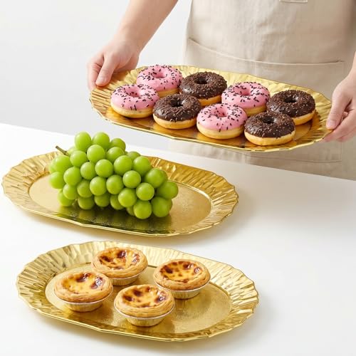 AVLA 6 Pack Plastic Serving Tray, Gold Serving Platter Set, Reusable Party Snack Serving Tray, Decorative Food Appetizer Platters for Dessert Table, Cupcake, Charcuterie, Cookies, 14" x 8.5"
