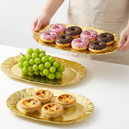 AVLA 6 Pack Plastic Serving Tray, Gold Serving Platter Set, Reusable Party Snack Serving Tray, Decorative Food Appetizer Platters for Dessert Table, Cupcake, Charcuterie, Cookies, 14" x 8.5"