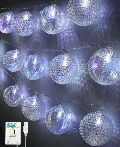AceList Iridescent Disco Ball String Lights, 9.8ft 20 LED (2.17" Globes), USB & Battery Box Aesthetic Room Decor, Groovy 70s Party Supplies, Holographic Fairy Lights for Bedroom, Dorm & Mirror - color: White-Ball