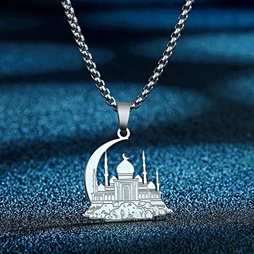 Mosque With Crescent Pendant Necklace For Women Men Muslim Jewelry 316L Stainless Steel Islamic Necklace - color: Gold