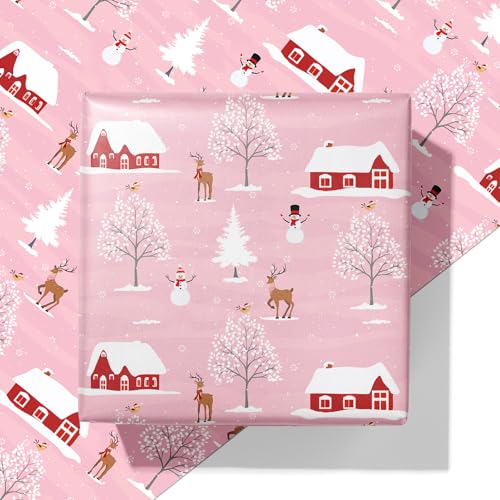 Cuitpan Pink Christmas Wrapping Paper - Xmas Gift Wrap with Snowy Houses, Reindeer, Snowmen & Trees Design - Perfect for Kids & Adults Gift Wrapping - 40×28 Inches, 4 Folded Sheets - color: Christmas-House