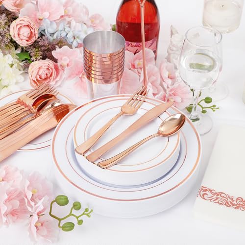Supernal 200pcs Rose Gold Plastic Dinnerware included Disposable Flatware& Plastic Party Plates Disaposable Cups and Napkins,Perfect for Valentine's Day Mother's Day and Easter - color: 200pcs White and Rose Gold Plastic Dinnerware
