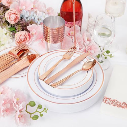 Supernal 200pcs Rose Gold Plastic Dinnerware included Disposable Flatware& Plastic Party Plates Disaposable Cups and Napkins,Perfect for Valentine's Day Mother's Day and Easter - color: 200pcs White and Rose Gold Plastic Dinnerware