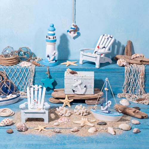 Queekay 7 Pcs Wooden Box Wooden Lighthouse Mini Sailboat Anchor Fish Hanging Starfish Model Spring Summer Easter Tree Ornament Decoration Aquarium Landscape Ornament Mini Garden Landscape (Novelty) - style: Novelty