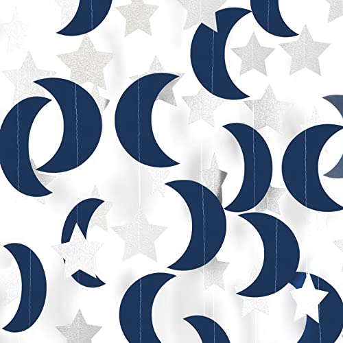 Navy-Blue Silver Moon-Star Party-Decorations Garland - 52Ft Twinkle Little Star Hanging Decoration Streamers Banner, Eid Ramadan Mubarak Decoration Birthday Wedding Baby Shower Party Decor Panduola - color: Navy Blue Silver Moon Star