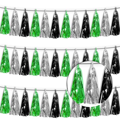 3P Black Silver Green Tassel Banner Garland Metallic Foil Fringe Banner Tinsel Tassels Streamer Banner Backdrop for Parade Floats, Graduation Decorations, Halloween, Christmas Decorations - color: Black Silver Green