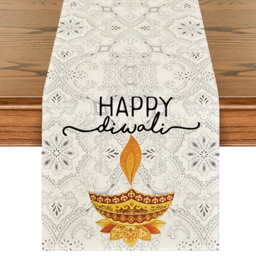 Artoid Mode Happy Diwali Table Runner, Festival of Light Marigold Holiday Kitchen Dining Table Decoration for Home Party Decor 13x72 Inch - color: Multi-color, size: 13" x 72", Table Runner