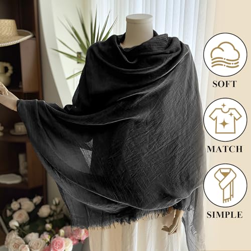 Extra Large Cotton Linen Shawl Wrap for Women, Elegant Scarf with UV Protection Breathable Lightweight Head Cover Hijab - color: Black