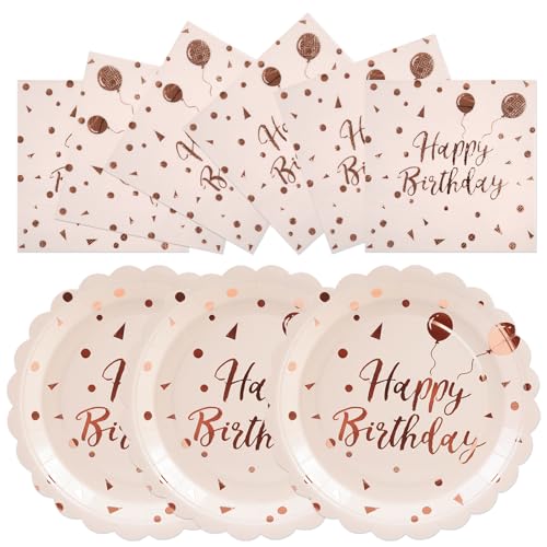 Happy Birthday Paper Plates & Napkins Set, 7 Inch, Pink Rose Gold - color: Pink and Rose